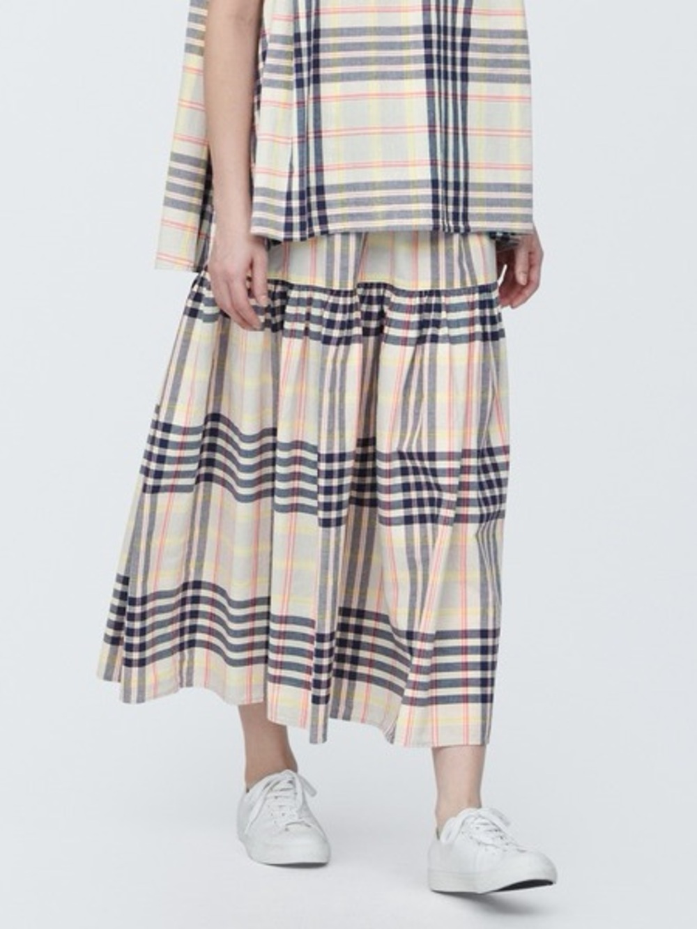 Muji Madras Check Tiered Skirt in Cream and Navy